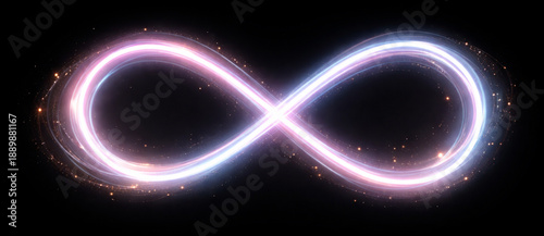 Glowing infinity symbol with flowing light energy loop and abstract neon effect vector illustration on transparent background