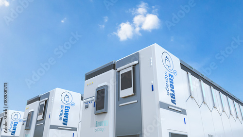 Energy storage system or battery container unit with blue sky background