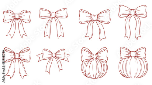 Elegant bow set collection with hand drawn details for gift wrapping and decoration