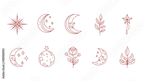Celestial and botanical line art collection with moons and stars