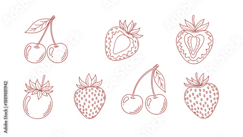 Linear fruit design with cherries and strawberries on white background