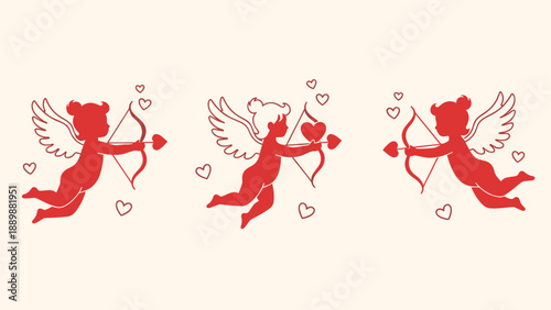 Red cupid silhouettes with hearts in playful pattern for valentine's day design