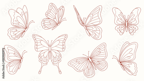 Elegant butterfly sketches in linear style on a light background