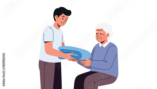 Young man handing a folded blue blanket to an elderly seated woman care support white background
