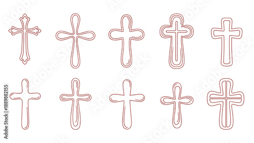 Collection of red outline cross shapes on white background