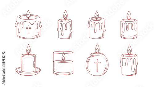 Set of hand-drawn candle icons with melting wax and flames in minimalist style