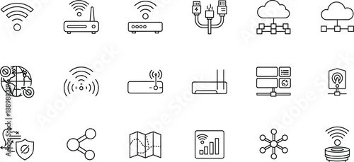 Set of line icons for wireless technology, network devices, internet connectivity, and security protocols.
