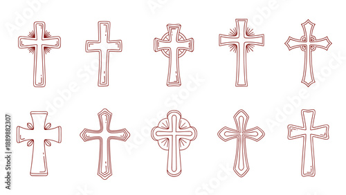 Set of ten hand-drawn cross designs in red, outline style for religious themes and decorations