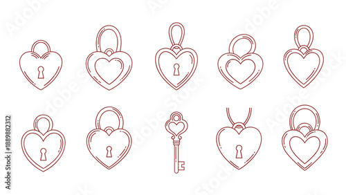 Heart shaped padlocks and key outline collection in minimalist style