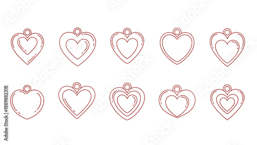 Minimalist hand-drawn heart charms in red outlines for valentine designs