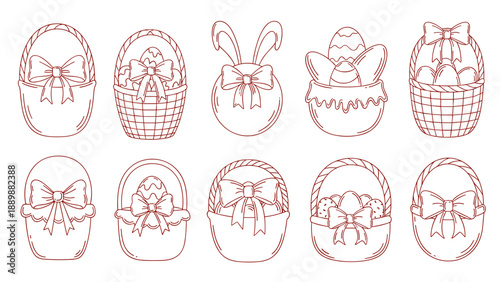 Festive collection of easter baskets with decorative eggs and bows in linear style