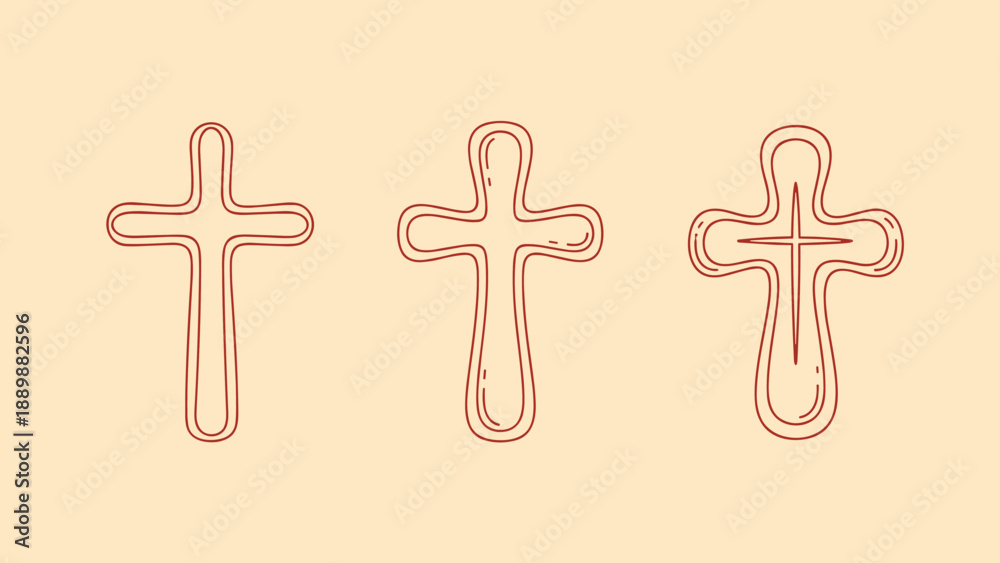 Obraz premium Hand-drawn cross designs in minimalist red line art on beige background