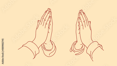 Linear sketch of praying hands with elegant simplicity on beige background