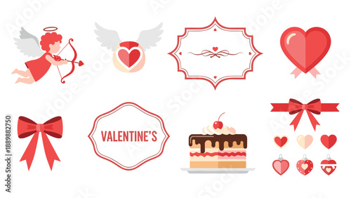 Romantic valentine's day icons with cupid, hearts, and cake in red and pink