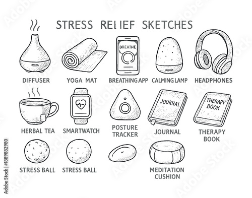 Stress relief sketches illustrating tools for relaxation and mindfulness