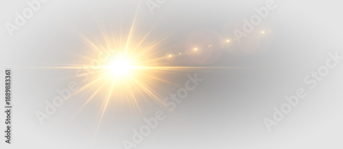 Bright golden light flare with radiant starburst rays and glowing lens effect abstract vector illustration on transparent background