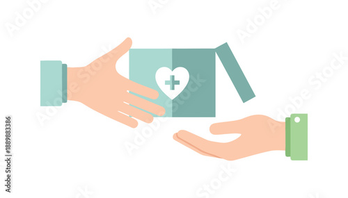 Hands giving medical care box with heart and cross symbol on white background flat design illustration