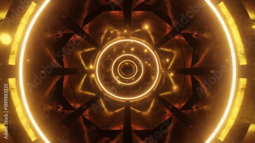 Dynamic motion through golden neon rings abstract sci fi tunnel