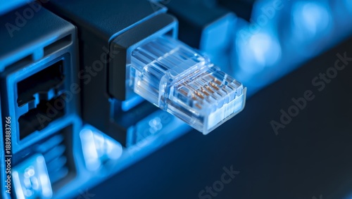 Macro shot capturing the detail of a transparent RJ45 ethernet connector plugged into a dark network port, illuminated by a cool blue light, symbolizing seamless digital connection and data transfer.