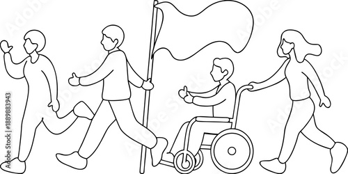 A diverse group of people marching forward with a flag and wheelchair
