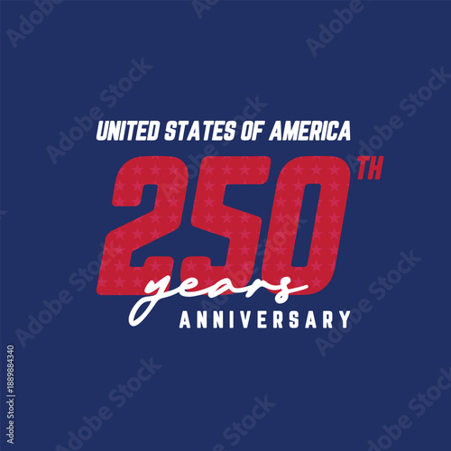 250 years anniversary celebration logo for poster, banner, greeting card. 4th of July Independence Day of America. Number 250 vector illustration on blue background.