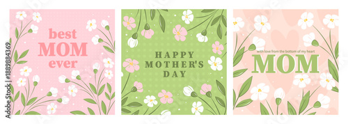 Mother's Day card set with flowers frame in pastel colors. Spring summer design. Vector illustration for banner, poster, template, sale.