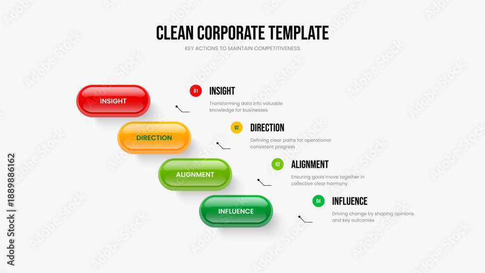 Fototapeta premium Professional Performance 4 Step Diagram Frame Layout. Investor Plan Slide Template Vector Illustration. Corporate Portfolio Four Option Infographic Presentation Design.