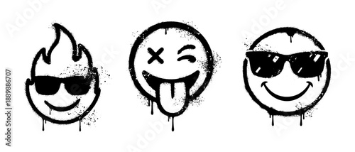 Urban graffiti spray paint emoji smiley face set with dripping texture