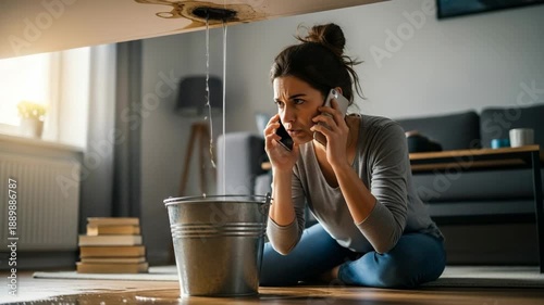 Stressed adult woman on the phone dealing with a water leak from the ceiling. Water drips into a bucket on the floor causing damage. Homeowner insurance claim and emergency repair concept