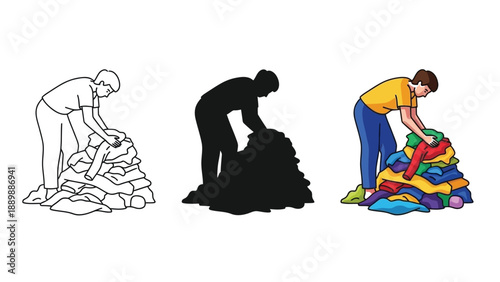 Person sorting or folding a large pile of colorful laundry or clothes