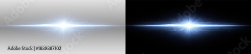Blue horizontal light flare with glowing lens effect energy beam and abstract cosmic illumination vector illustration on transparent background