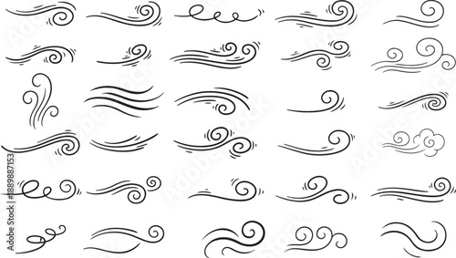 Doodle Wind Line Sketch Set – Hand Drawn Air Blow, Swirl & Smoke Motion Isolated Vector