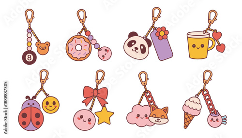 Cartoon Keychains Set, Kawaii Keychain Charms and Adorable Keyrings for Girls, Cartoon Charm Accessories with Animal Faces, Beads and Tags, Isolated Vector Illustration