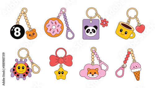 Cartoon Keychains Set, Kawaii Keychain Charms and Adorable Keyrings for Girls, Cartoon Charm Accessories with Animal Faces, Beads and Tags, Isolated Vector Illustration