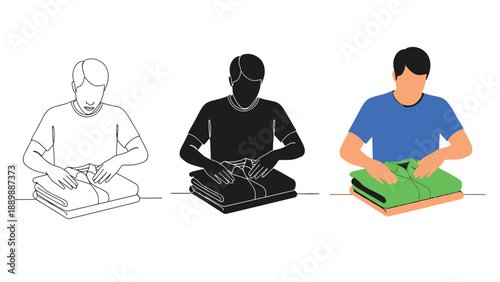Set of three icons illustrating how to fold a tshirt line art, silhouette, and full color illustration, showing a person folding clothes a