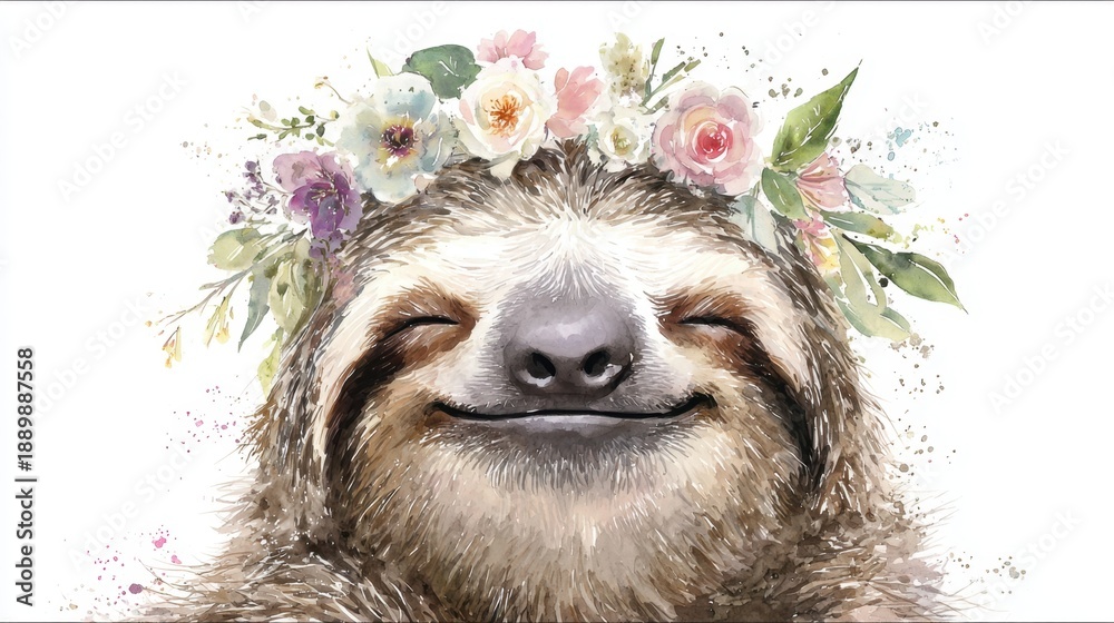 Fototapeta premium Smiling sloth with flower crown