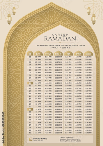 Ramadan Kareem Prayer Timetable Calendar Template with Gold Arch and Geometric Patterns