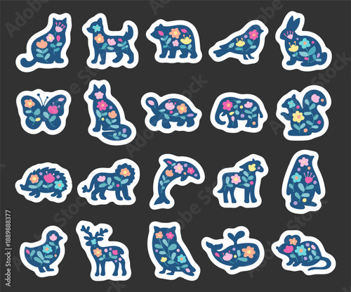 Animal silhouette set scandinavian style floral fauna creatures decorative botanical shapes nature habitat suitable branding marketing packaging posters