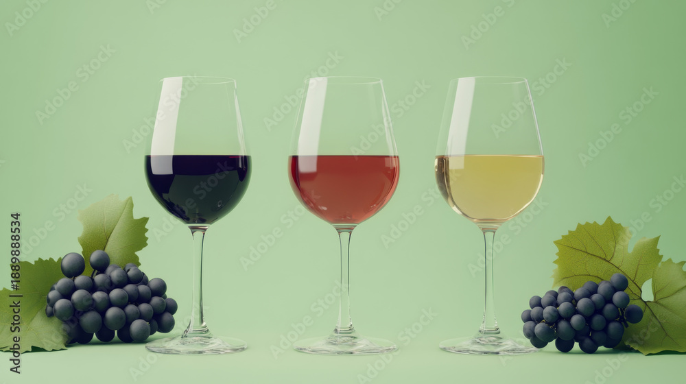 Fototapeta premium Red, White, and Rose Wine in Glasses with Grapes on Green