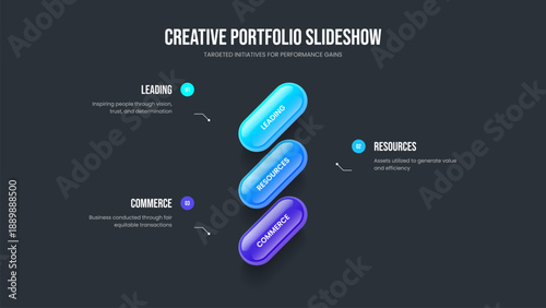 Product Report Three Option Diagram Slide Template. Creative Performance Slideshow Design Vector Illustration. Visual Strategy 3 Element Infographic Presentation Layout.