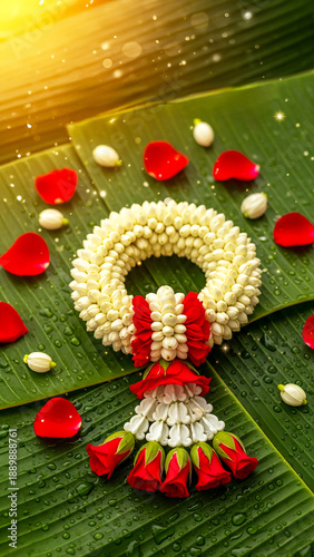 Thai traditional floral garland (Phuang malai) with rose with crown flower and jasmine on banana leaves,