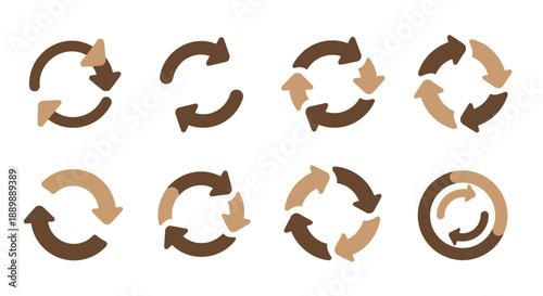 A collection of brown arrow recycle icons, representing processes and sustainable business models