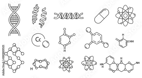 Scientific illustrations showcasing complex molecular structures and pharmaceutical shapes with