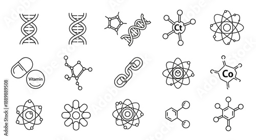 Collection of scientific icons representing molecules, atoms, dna, and vitamins on white background