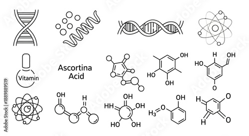 Illustrative collection of molecular diagrams: DNA, Ascorbic Acid and diverse chemical structural