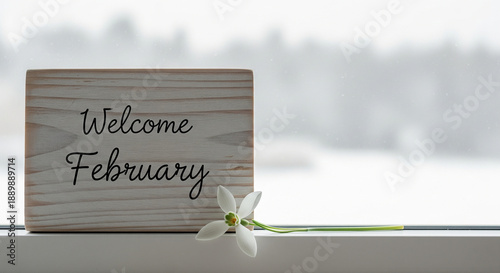 Welcome February wooden sign with white flower minimalist new month greeting home decor