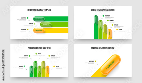Creative Launch Three Four Five One Step Infographic Slide Design Vector Illustration Set. Business Campaign 3 4 5 1 Element Diagram Slideshow Template Bundle.