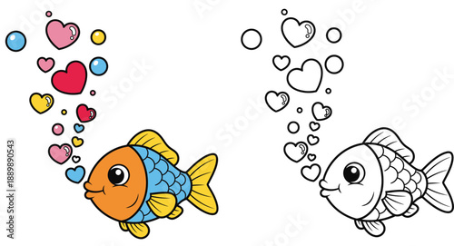 Adorable vector illustration of a fish blowing heart-shaped bubbles with a black and white outline for a coloring book or educational project
