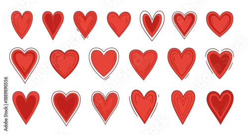Collection of diverse hand-drawn red hearts conveying various emotions and expressions of love and