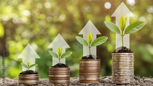 Stacks of coins with growing plants and upward arrows symbolizing financial growth in a natural green environment